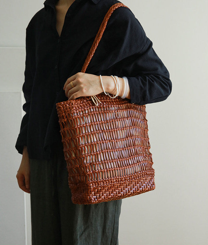 Handwoven Leather Tote Bag | Full Grain Cowhide Open Weave Shoulder Bag | Large Basket Tote | Boho Leather Handbag