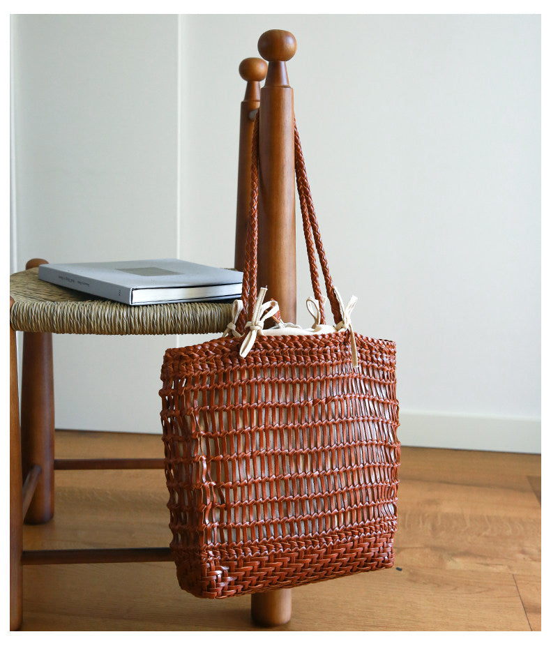 Handwoven Leather Tote Bag | Full Grain Cowhide Open Weave Shoulder Bag | Large Basket Tote | Boho Leather Handbag