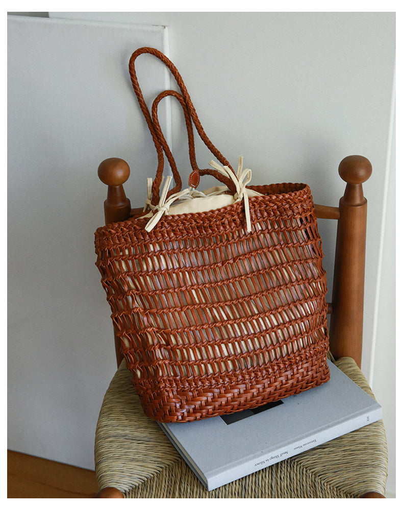 Handwoven Leather Tote Bag | Full Grain Cowhide Open Weave Shoulder Bag | Large Basket Tote | Boho Leather Handbag