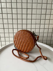 Cowhide Leather Woven Hobo Round Bag, Summer Beach Bag, Triple Jump Bamboo Shoulder Bag, Handcrafted Basket Round Crossbody Bag