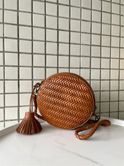 Cowhide Leather Woven Hobo Round Bag, Summer Beach Bag, Triple Jump Bamboo Shoulder Bag, Handcrafted Basket Round Crossbody Bag
