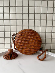 Cowhide Leather Woven Hobo Round Bag, Summer Beach Bag, Triple Jump Bamboo Shoulder Bag, Handcrafted Basket Round Crossbody Bag