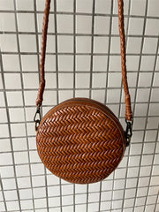 Cowhide Leather Woven Hobo Round Bag, Summer Beach Bag, Triple Jump Bamboo Shoulder Bag, Handcrafted Basket Round Crossbody Bag