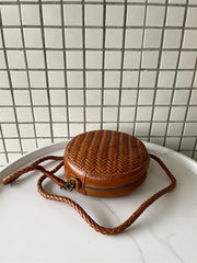 Cowhide Leather Woven Hobo Round Bag, Summer Beach Bag, Triple Jump Bamboo Shoulder Bag, Handcrafted Basket Round Crossbody Bag