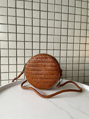 Cowhide Leather Woven Hobo Round Bag, Summer Beach Bag, Triple Jump Bamboo Shoulder Bag, Handcrafted Basket Round Crossbody Bag