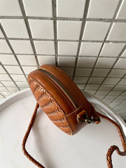 Cowhide Leather Woven Hobo Round Bag, Summer Beach Bag, Triple Jump Bamboo Shoulder Bag, Handcrafted Basket Round Crossbody Bag