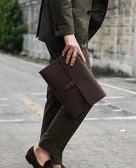 Custom Men’s and Women’s Leather Clutch Bag, Handmade Full Grain Togo Leather Business Handbag with 42 Color Options