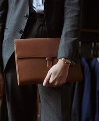 Custom Men’s and Women’s Leather Clutch Bag, Handmade Full Grain Togo Leather Business Handbag with 42 Color Options