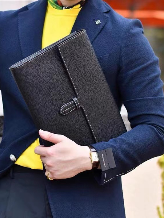 Custom Men’s and Women’s Leather Clutch Bag, Handmade Full Grain Togo Leather Business Handbag with 42 Color Options
