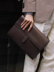 Custom Men’s and Women’s Leather Clutch Bag, Handmade Full Grain Togo Leather Business Handbag with 42 Color Options