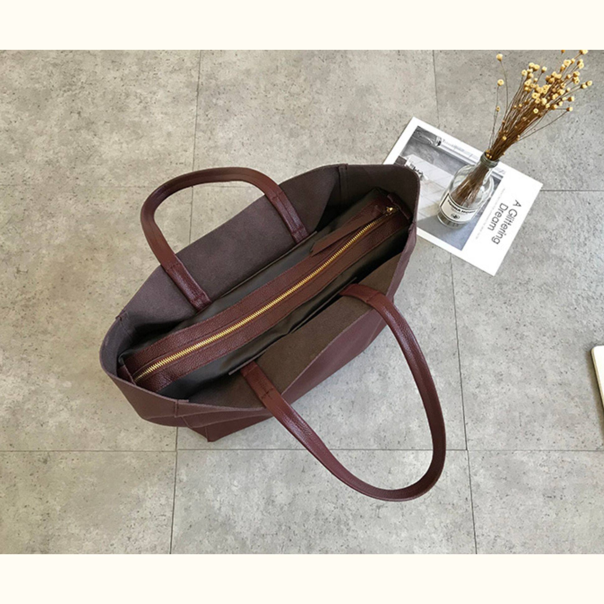 Large Soft Cowhide Leather Tote | Minimalist Oversized Shopper with Removable Inner Pouch