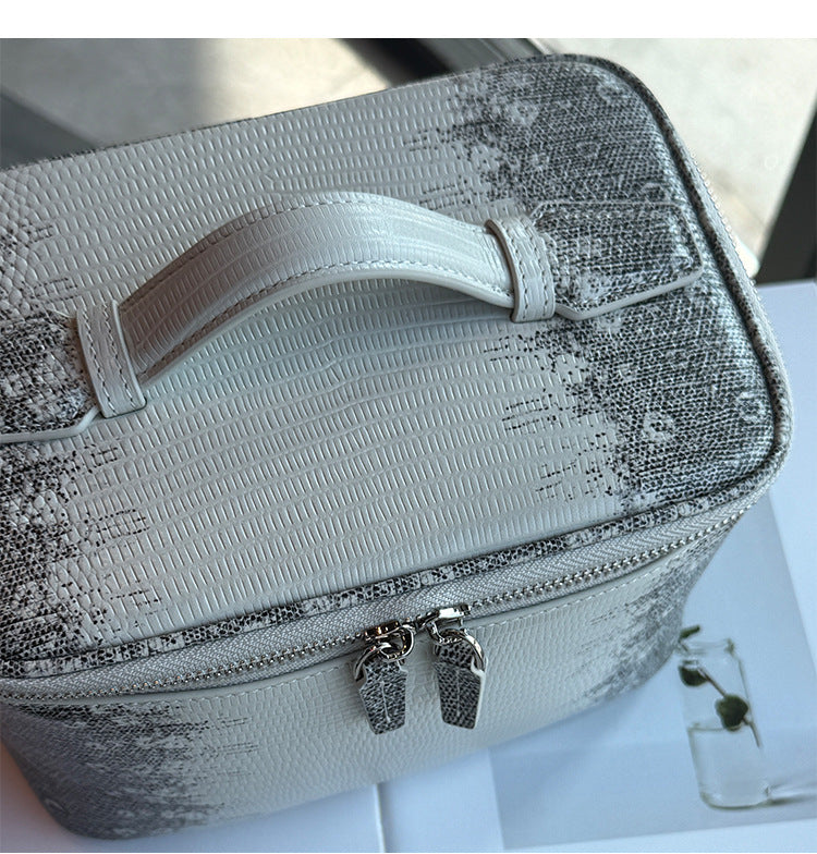 Luxury Genuine Cowhide Leather Makeup Case — Lizard Embossed Train Case with Organiser Lid & Matching Mirror | Travel Cosmetic Bag for Women