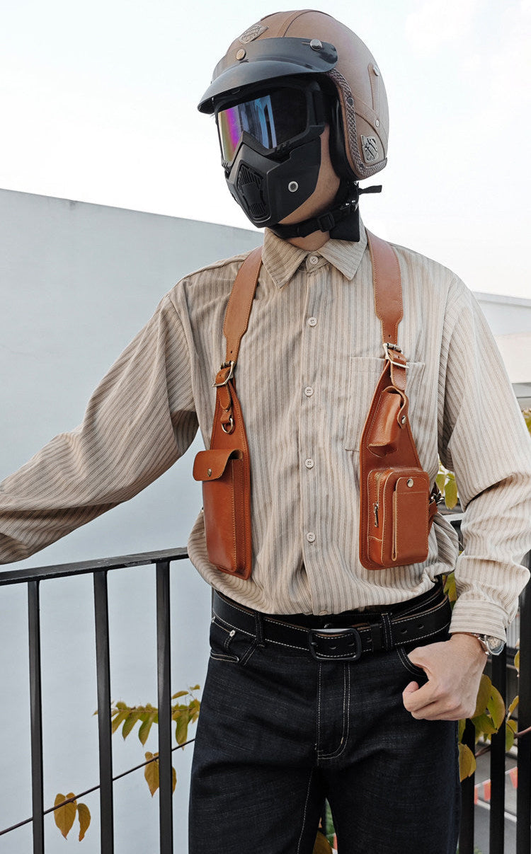 Genuine Crazy Horse Leather Chest Rig Harness Bag for Men — Handcrafted Dual Shoulder Holster Vest with Multi-Pocket | Retro Motorcycle & Daily Carry