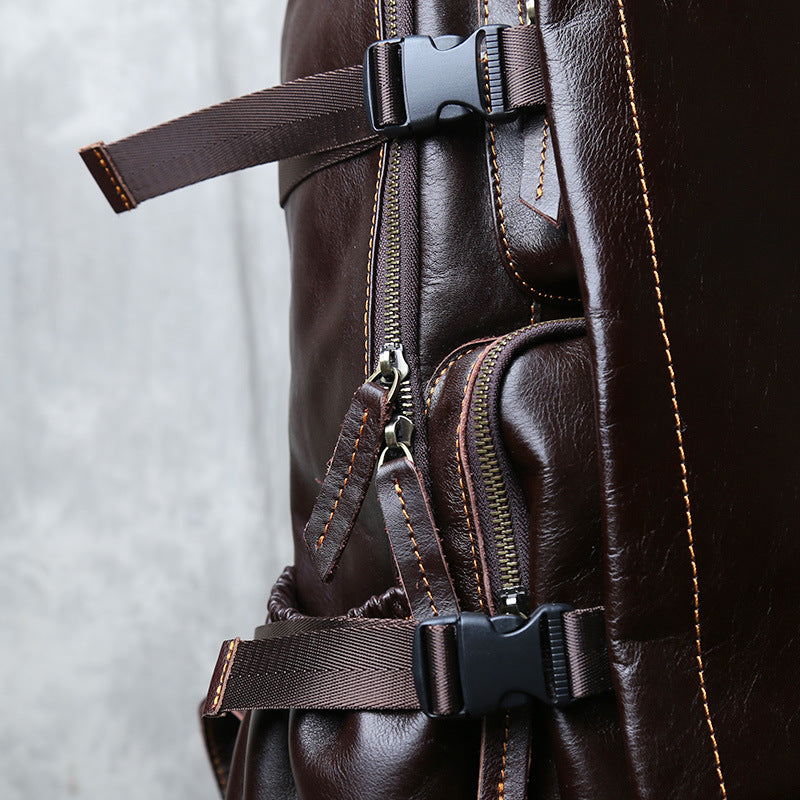 Genuine Full Grain Cowhide Leather Backpack for Men — Handmade Large Travel & Laptop Rucksack | 2 Sizes, 4 Colours | Tactical Buckle Design