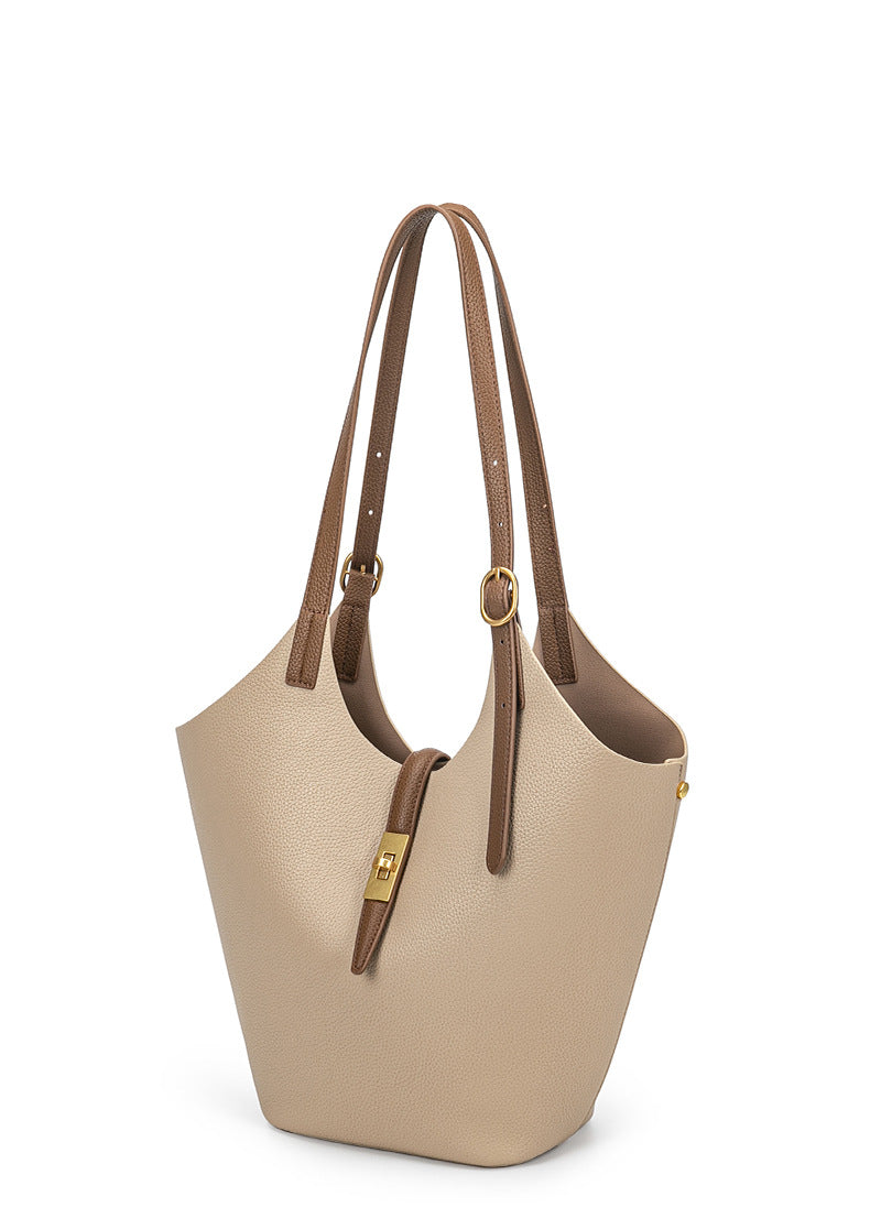 Minimalist Pebbled Leather Tote Bag with Pouch | Large Shoulder Laptop Bucket Bag (2 In 1)
