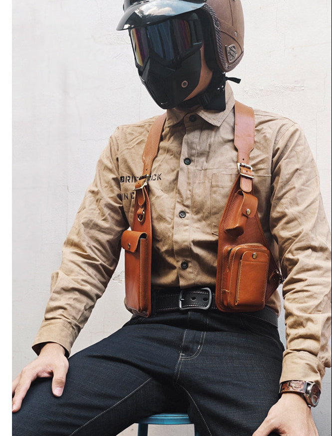 Genuine Crazy Horse Leather Chest Rig Harness Bag for Men — Handcrafted Dual Shoulder Holster Vest with Multi-Pocket | Retro Motorcycle & Daily Carry