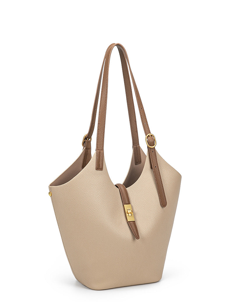 Minimalist Pebbled Leather Tote Bag with Pouch | Large Shoulder Laptop Bucket Bag (2 In 1)