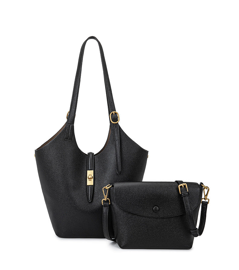 Minimalist Pebbled Leather Tote Bag with Pouch | Large Shoulder Laptop Bucket Bag (2 In 1)