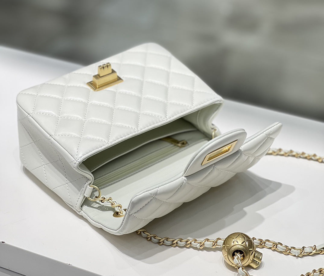 Classic Caviar/Lambskin Flap Bag with Chain Ball | Genuine Caviar Leather Crossbody Bag, Leather Shoulder Purse, Chain Strap Lock Bag, Christmas Gift