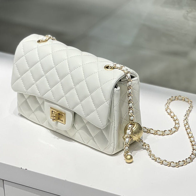 Classic Caviar/Lambskin Flap Bag with Chain Ball | Genuine Caviar Leather Crossbody Bag, Leather Shoulder Purse, Chain Strap Lock Bag, Christmas Gift