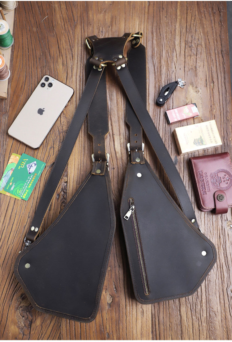 Genuine Crazy Horse Leather Chest Rig Harness Bag for Men — Handcrafted Dual Shoulder Holster Vest with Multi-Pocket | Retro Motorcycle & Daily Carry