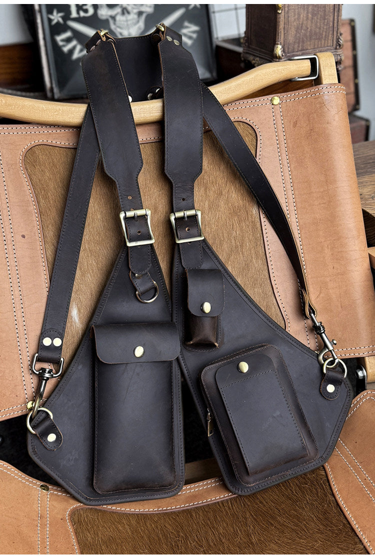 Genuine Crazy Horse Leather Chest Rig Harness Bag for Men — Handcrafted Dual Shoulder Holster Vest with Multi-Pocket | Retro Motorcycle & Daily Carry