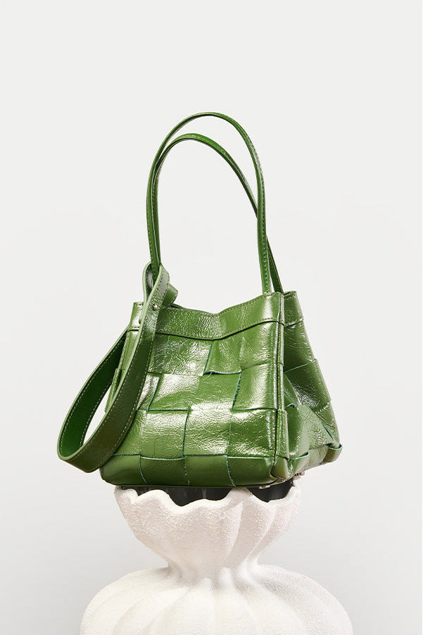 Women's Soft Luxurious Calfskin Leather Handwoven Bucket Shoulder Bag, Crossbody Bag