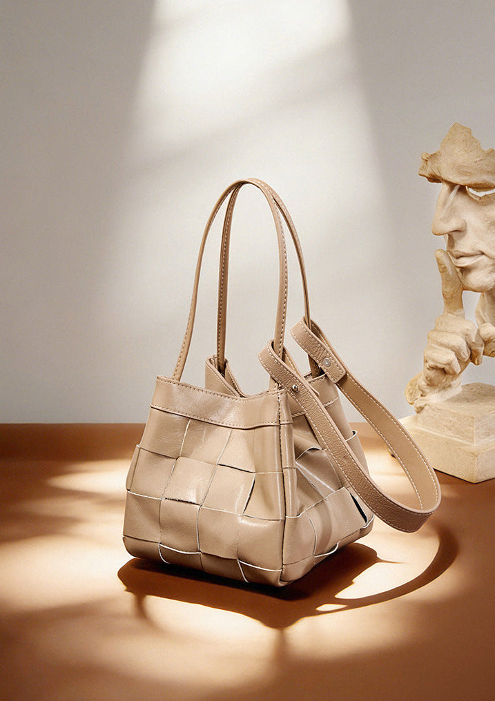 Women's Soft Luxurious Calfskin Leather Handwoven Bucket Shoulder Bag, Crossbody Bag