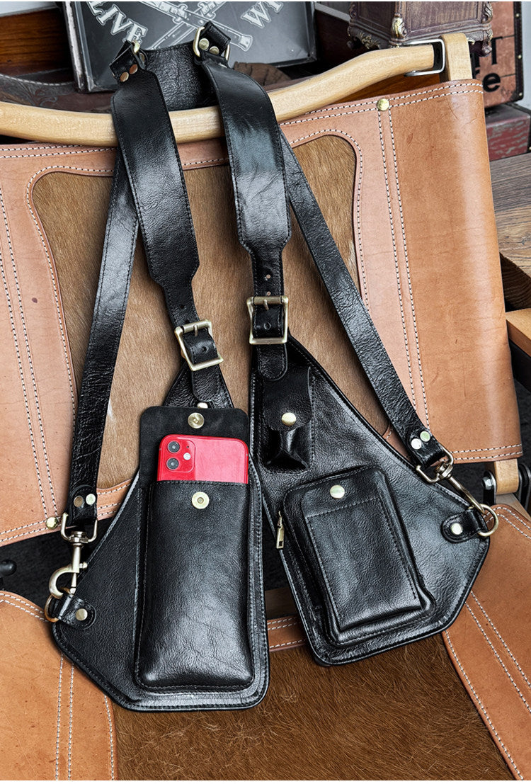 Genuine Crazy Horse Leather Chest Rig Harness Bag for Men — Handcrafted Dual Shoulder Holster Vest with Multi-Pocket | Retro Motorcycle & Daily Carry