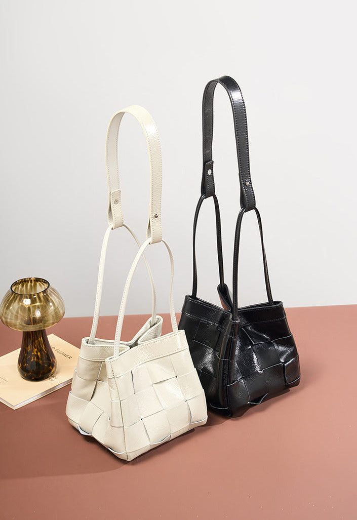 Women's Soft Luxurious Calfskin Leather Handwoven Bucket Shoulder Bag, Crossbody Bag