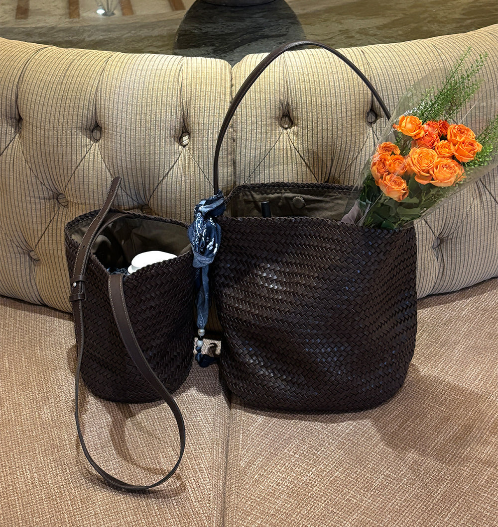 Handwoven Full-Grain Leather Bucket Bag | Stylish Shoulder Bag for Women | Leather Beach Bag