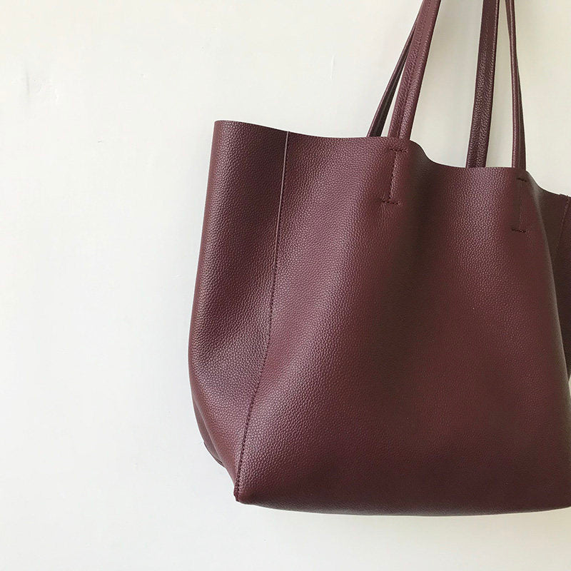 Large Soft Cowhide Leather Tote | Minimalist Oversized Shopper with Removable Inner Pouch