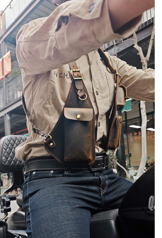 Genuine Crazy Horse Leather Chest Rig Harness Bag for Men — Handcrafted Dual Shoulder Holster Vest with Multi-Pocket | Retro Motorcycle & Daily Carry