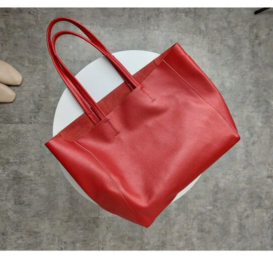 Large Soft Cowhide Leather Tote | Minimalist Oversized Shopper with Removable Inner Pouch