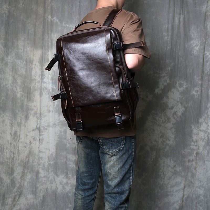 Genuine Full Grain Cowhide Leather Backpack for Men — Handmade Large Travel & Laptop Rucksack | 2 Sizes, 4 Colours | Tactical Buckle Design