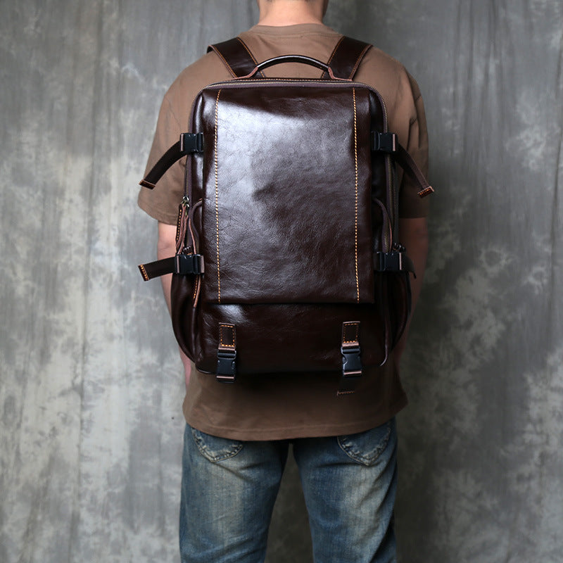 Genuine Full Grain Cowhide Leather Backpack for Men — Handmade Large Travel & Laptop Rucksack | 2 Sizes, 4 Colours | Tactical Buckle Design