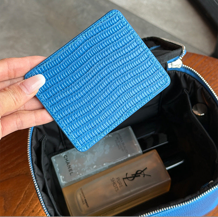 Luxury Genuine Cowhide Leather Makeup Case — Lizard Embossed Train Case with Organiser Lid & Matching Mirror | Travel Cosmetic Bag for Women