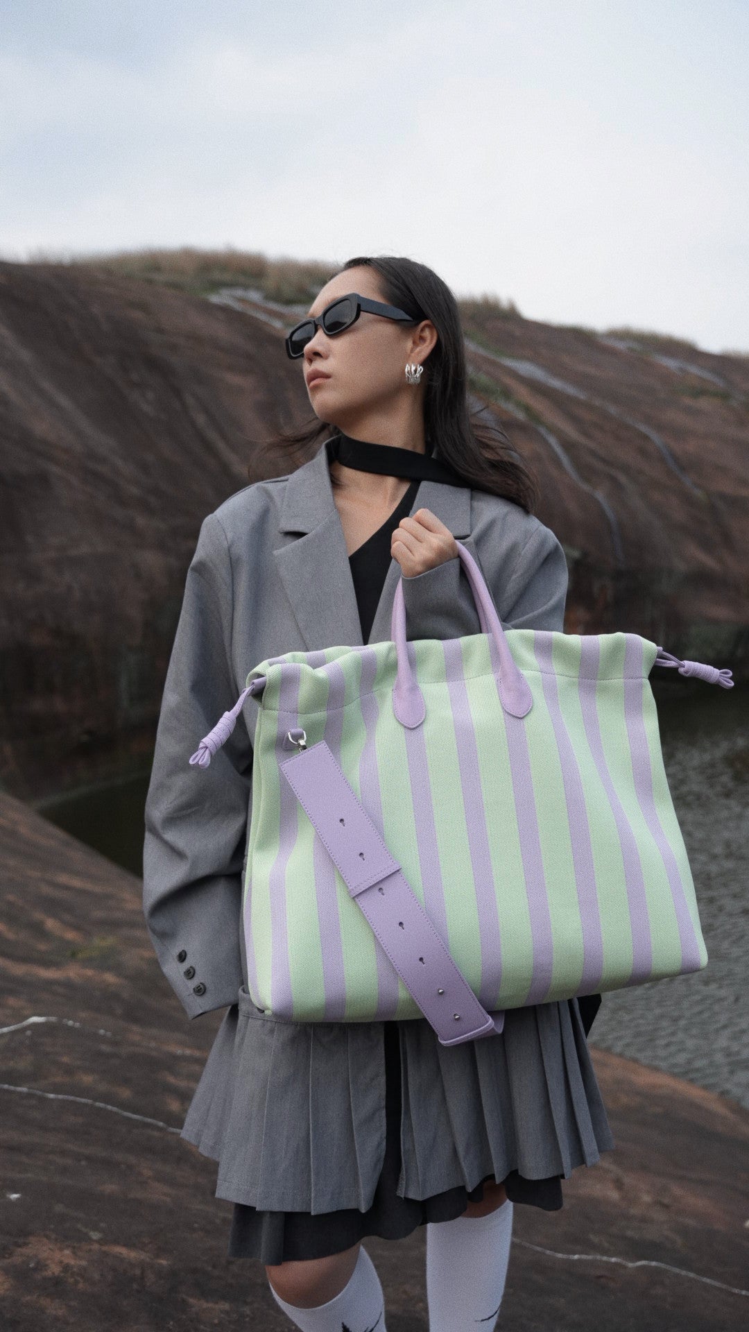 Olive & Espresso Striped Canvas Oxford Large Tote with Leather Accents | Elegant Shopper's Handbag with Crossbody Option, Women Laptop Bag