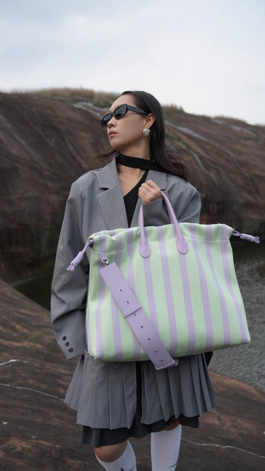 Olive & Espresso Striped Canvas Oxford Large Tote with Leather Accents | Elegant Shopper's Handbag with Crossbody Option, Women Laptop Bag