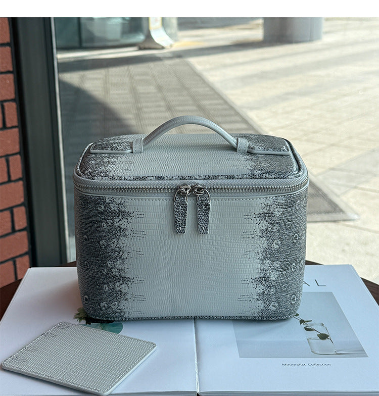 Luxury Genuine Cowhide Leather Makeup Case — Lizard Embossed Train Case with Organiser Lid & Matching Mirror | Travel Cosmetic Bag for Women