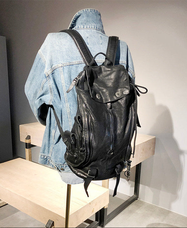 Distressed Vintage Leather Backpack | Unisex Full Grain Cowhide Rucksack | Multi-Zip Bag for Men and Women