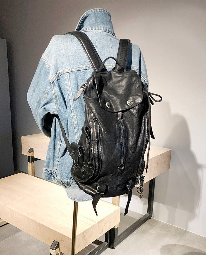Distressed Vintage Leather Backpack | Unisex Full Grain Cowhide Rucksack | Multi-Zip Bag for Men and Women