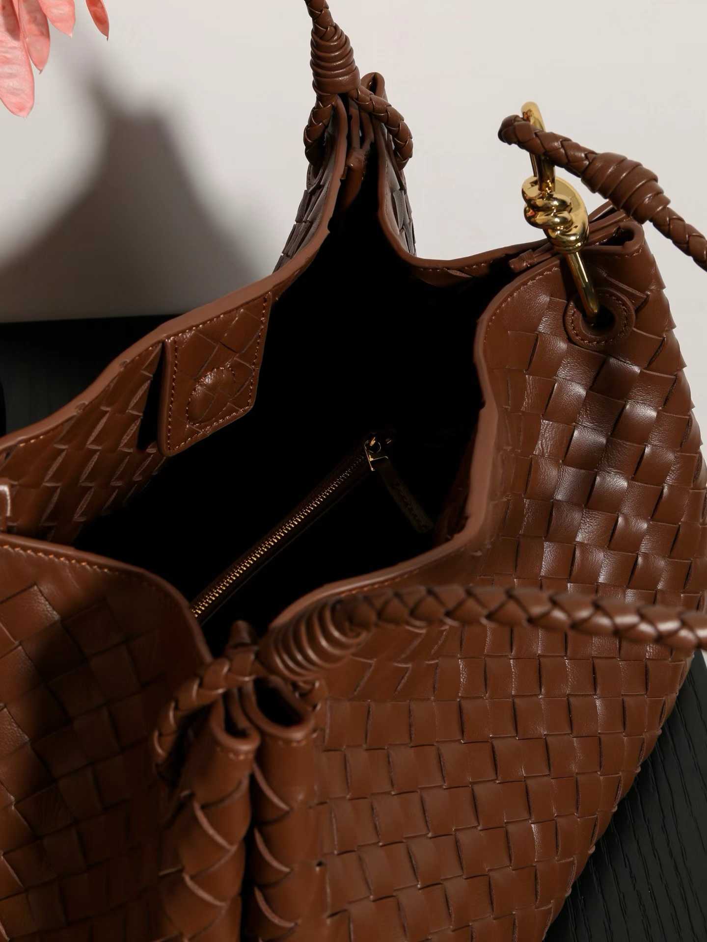 Double-Sided Weaving Noir Woven Lambskin Leather Shoulder Bag with Braided Handle and Gold Accents
