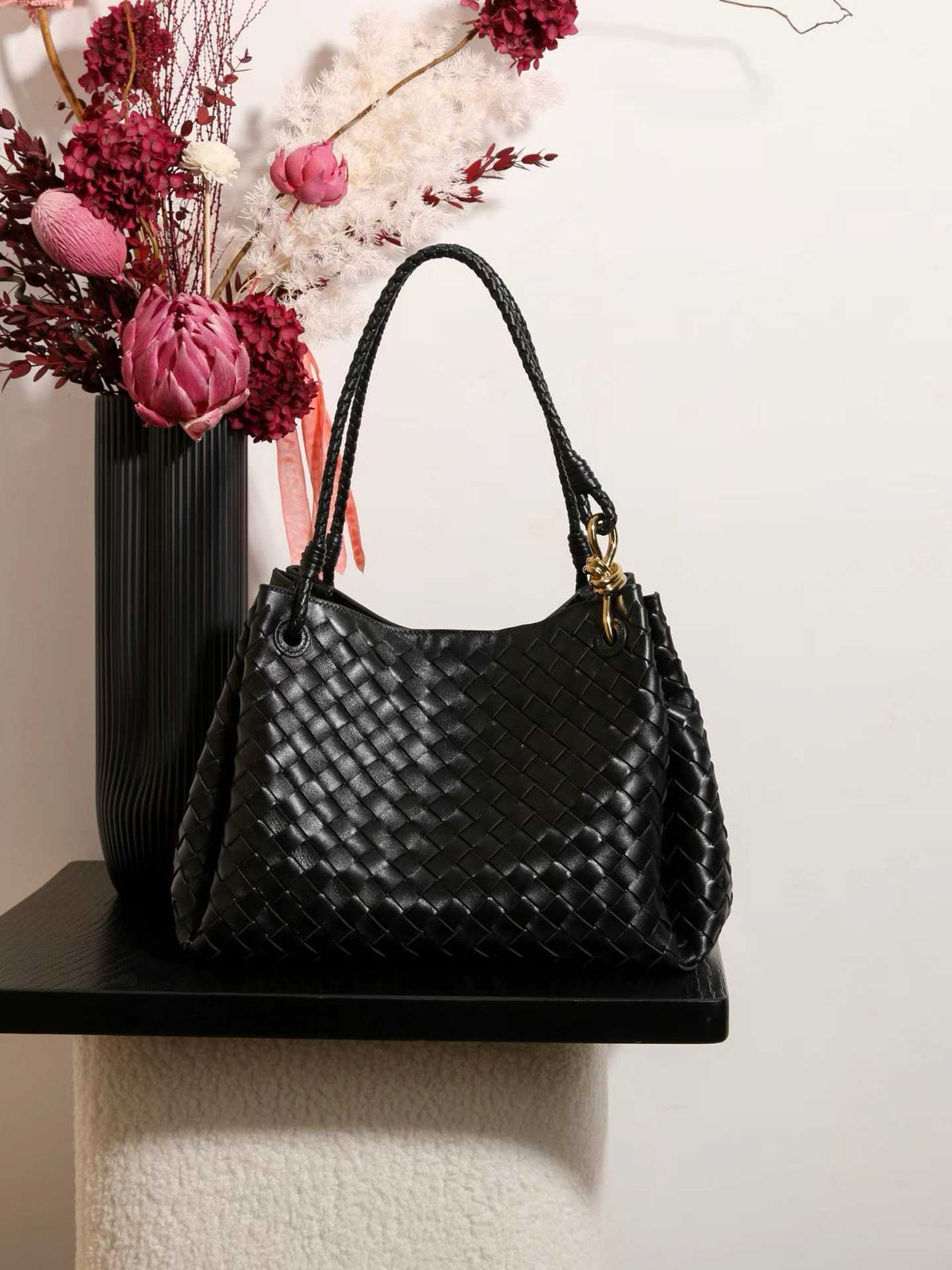 Double-Sided Weaving Noir Woven Lambskin Leather Shoulder Bag with Braided Handle and Gold Accents