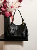 Double-Sided Weaving Noir Woven Lambskin Leather Shoulder Bag with Braided Handle and Gold Accents