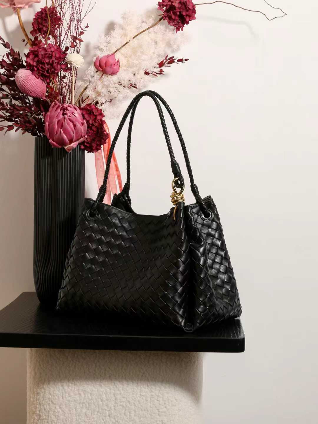 Double-Sided Weaving Noir Woven Lambskin Leather Shoulder Bag with Braided Handle and Gold Accents