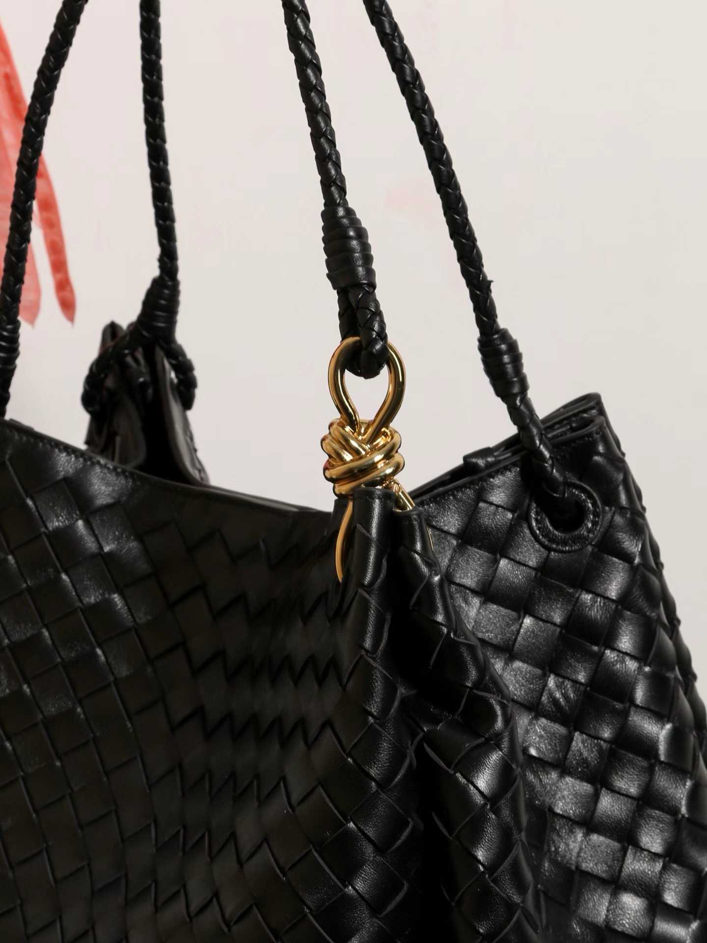 Double-Sided Weaving Noir Woven Lambskin Leather Shoulder Bag with Braided Handle and Gold Accents
