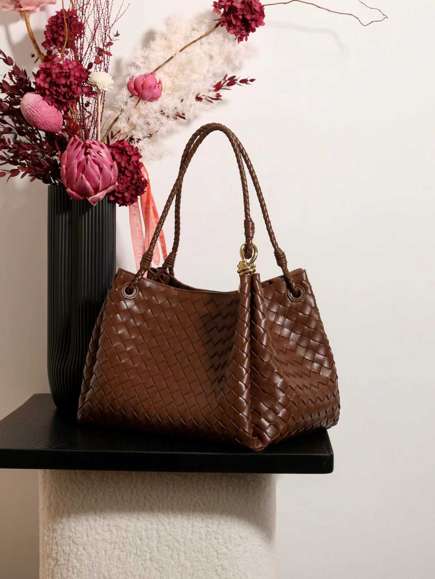 Double-Sided Weaving Noir Woven Lambskin Leather Shoulder Bag with Braided Handle and Gold Accents