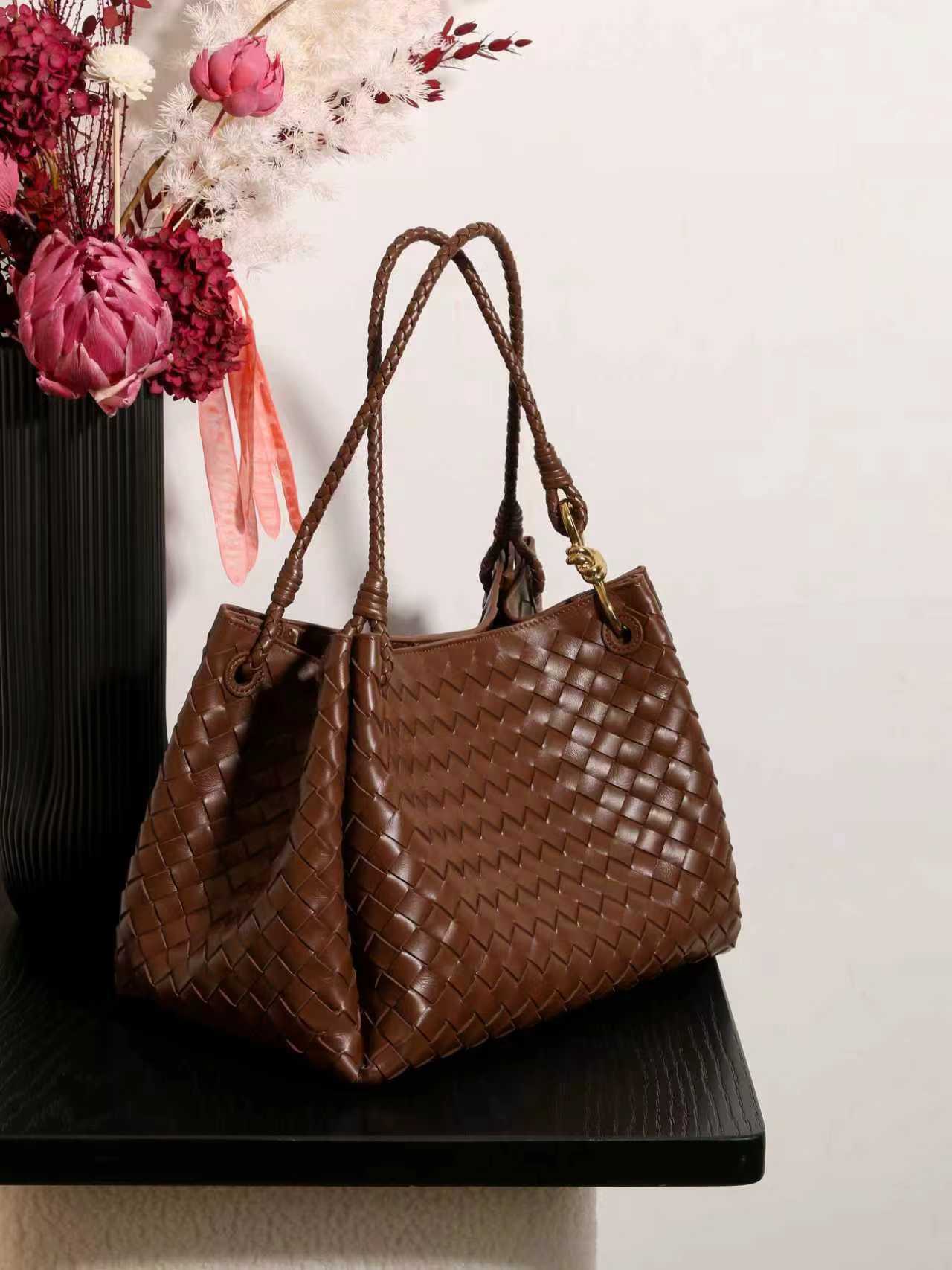 Double-Sided Weaving Noir Woven Lambskin Leather Shoulder Bag with Braided Handle and Gold Accents