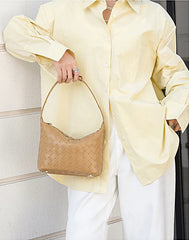 Elegant Genuine Lambskin Quilted Woven Handbag, Soft Leather Lunchbox-Style Shoulder Bag for Women
